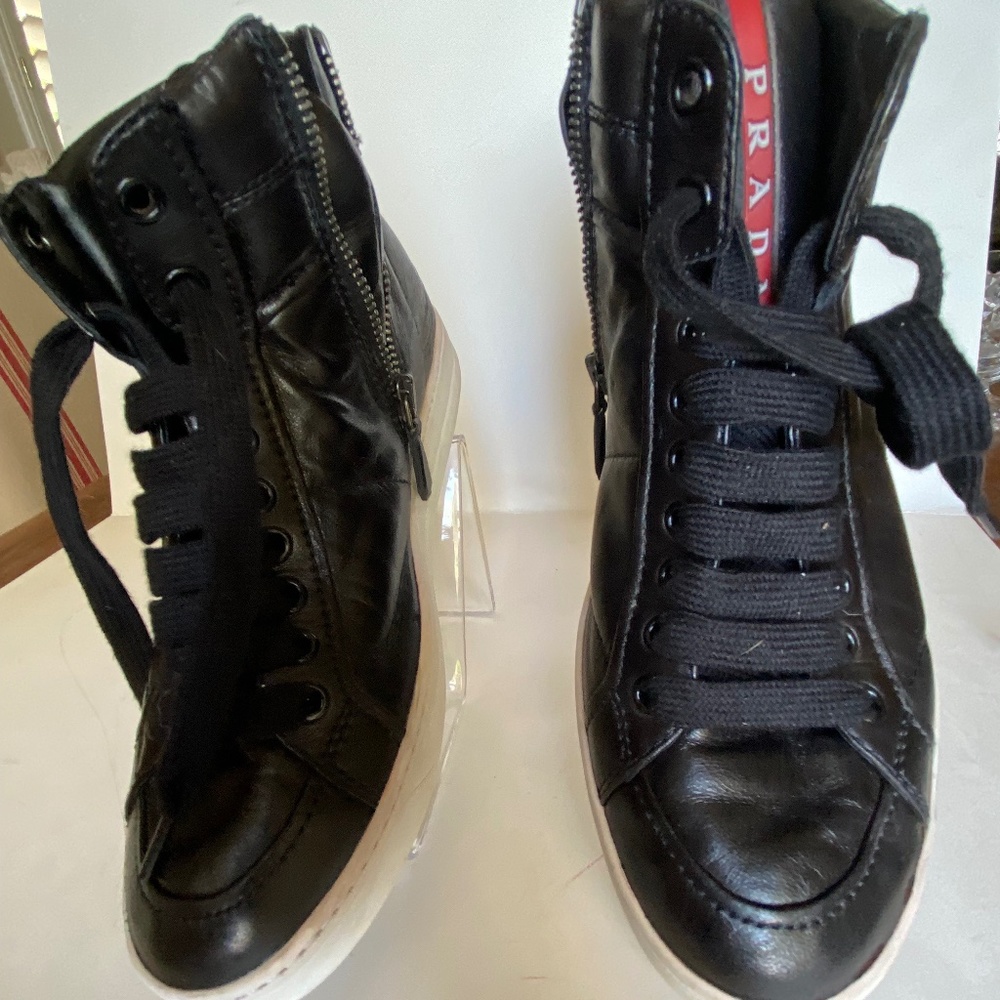 Prada Black Leather High-Top Sneakers with White Soles